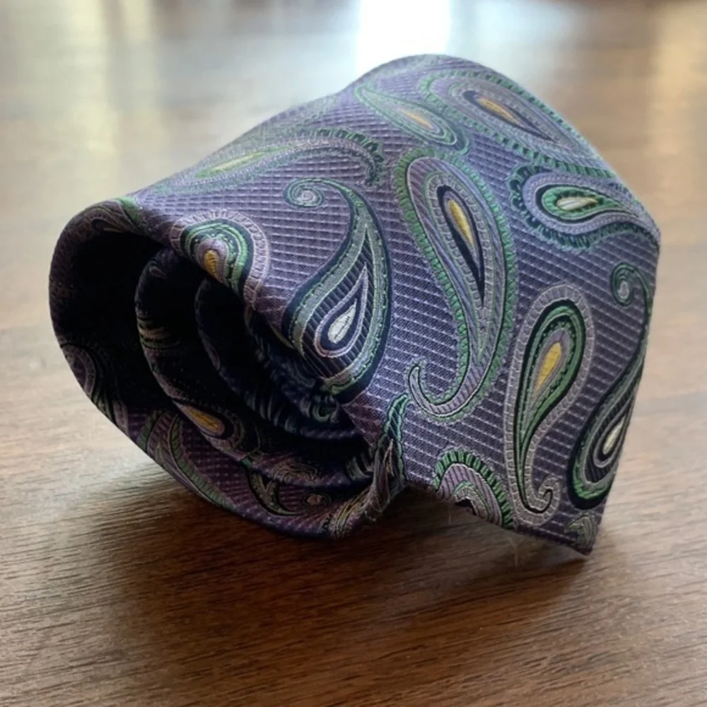 GS Branded XL Purple & Green Paisley  Silk Tie